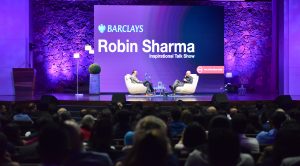 Photo of the stage during Barclays Bank conference with Robin Sharma 2019